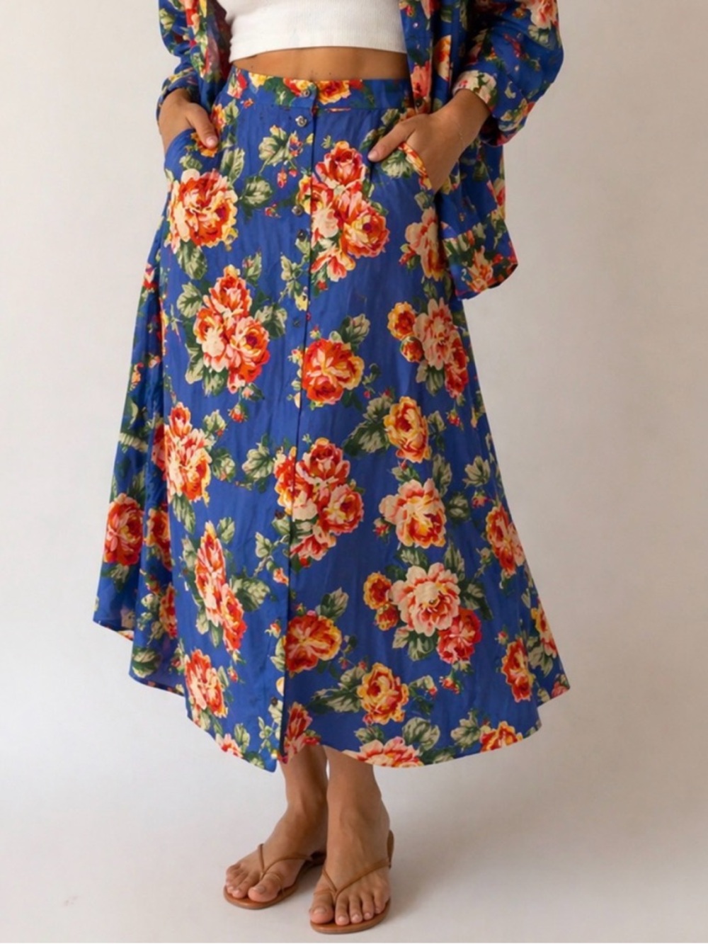 Jones New York Blue Maxi Skirt with Red and Cream Floral Print